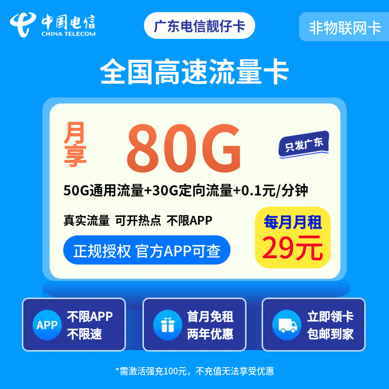 广东电信靓仔卡29元80G+0.1元/分钟【只发广东】