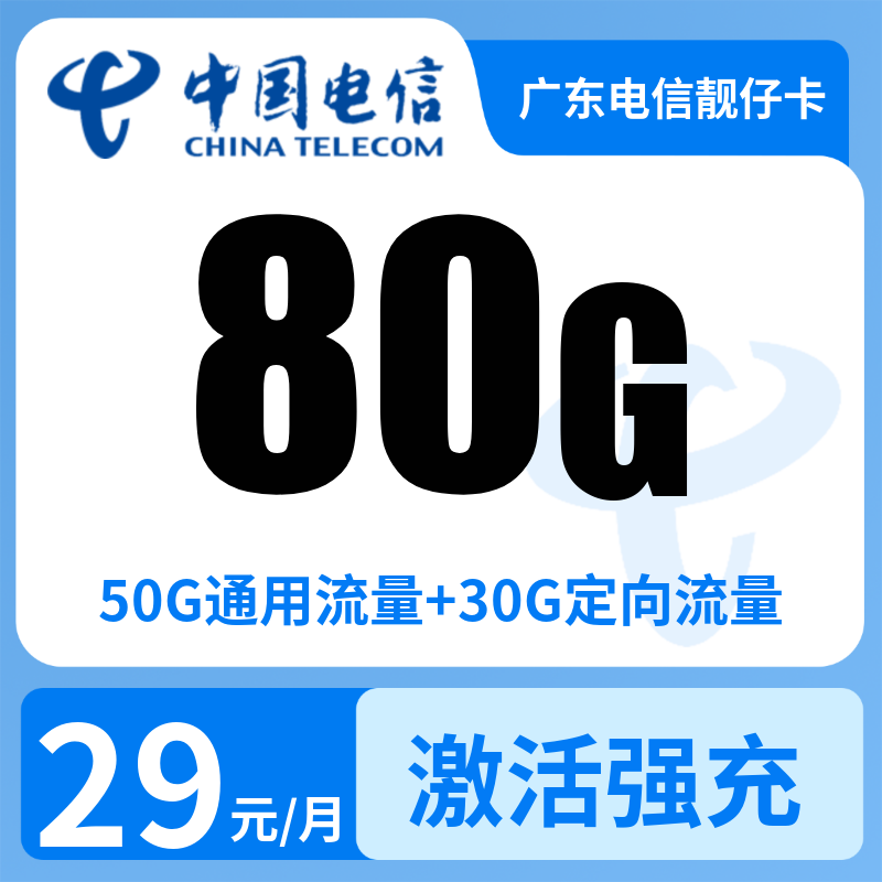 广东电信靓仔卡29元80G+0.1元/分钟【只发广东】