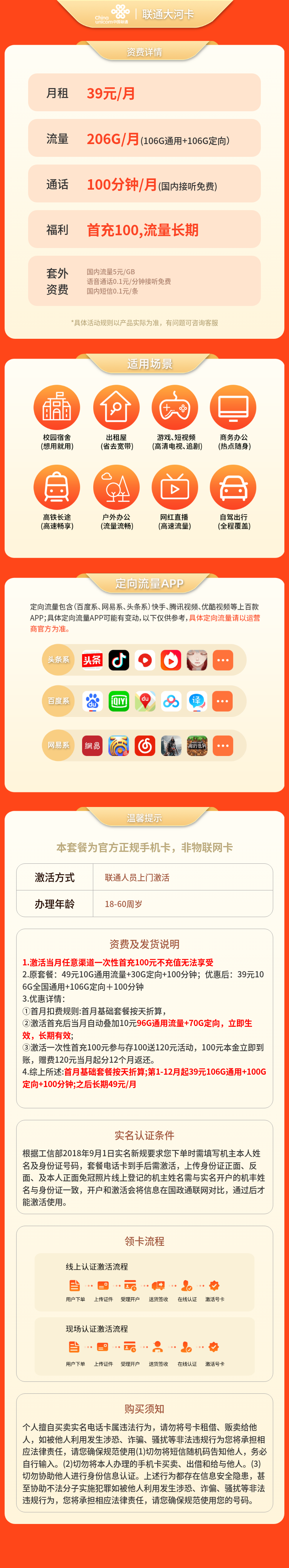 联通大河卡39元206G+100分钟【只发河南】