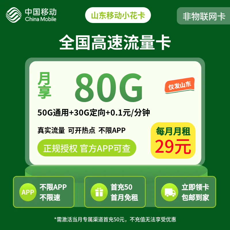 山东移动小花卡29元80G【只发山东】