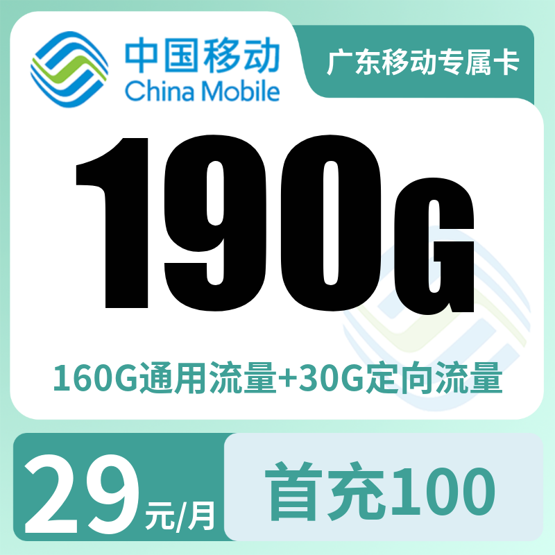 广东移动专属卡29元190G+0.19元/分钟【只发广东】