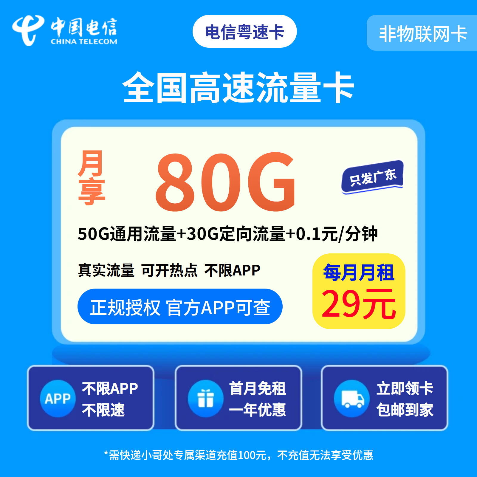 广东电信粤速卡29元80G+0.1元/分钟【只发广东】