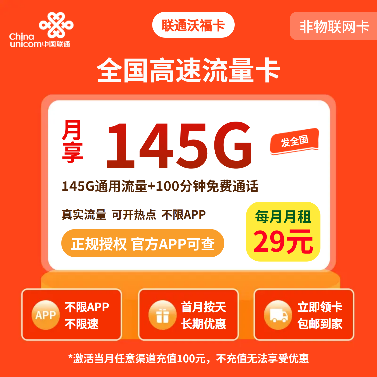 联通沃福卡29元145G通+100分钟【发全国】先激活后发货