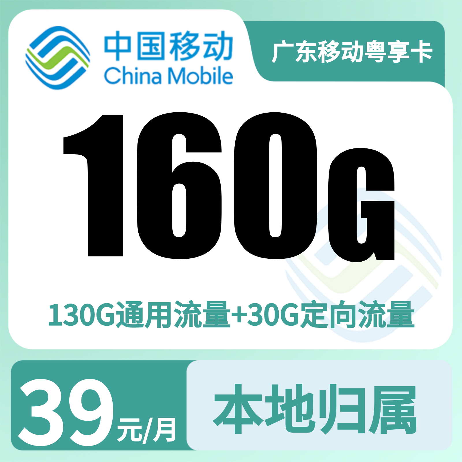 广东移动粤享卡39元160G+100分钟【只发广东】