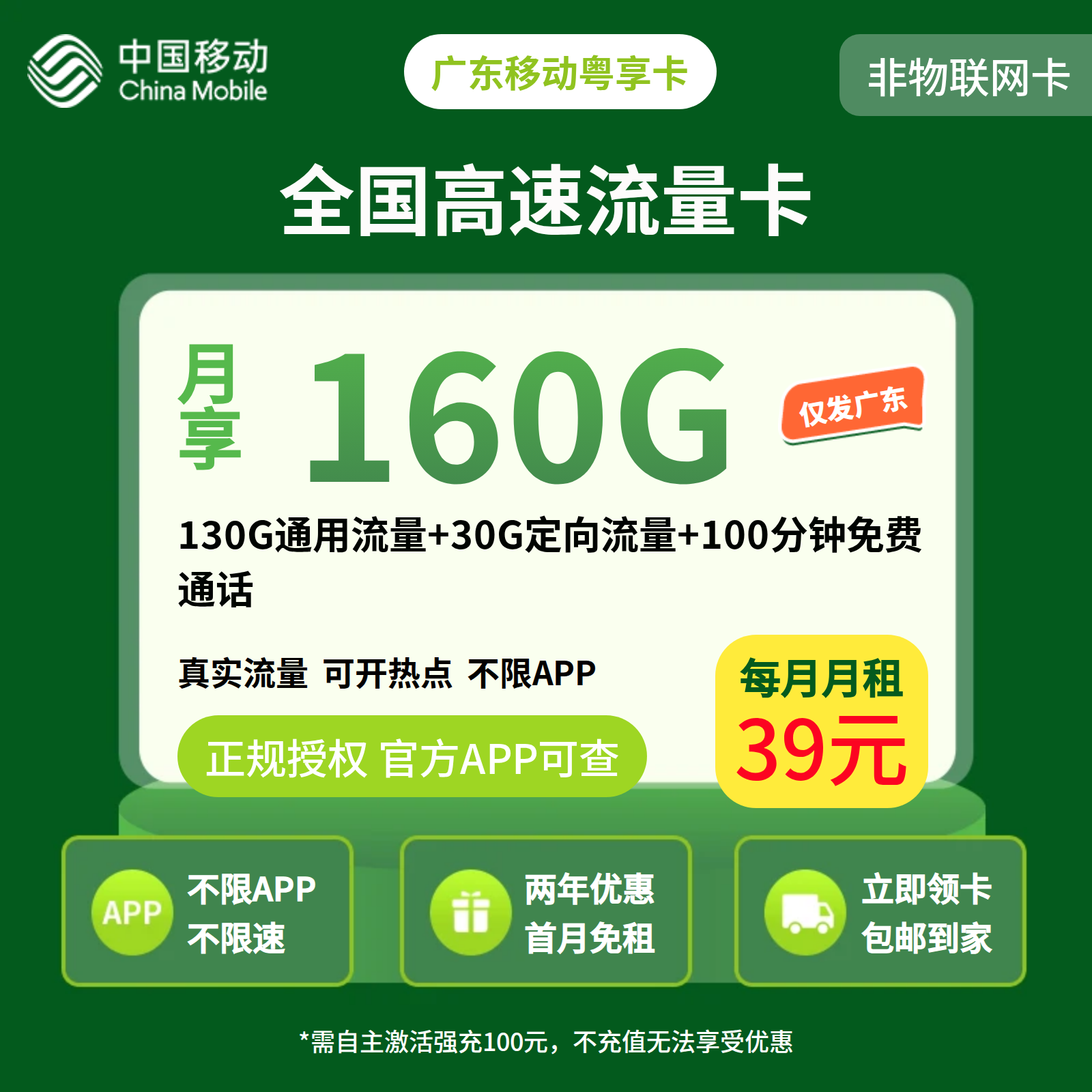 广东移动粤享卡39元160G+100分钟【只发广东】