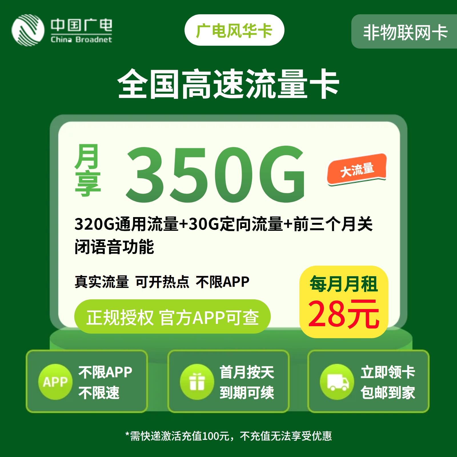 广电风华卡28元350G+200分钟【只发湖南】前三个月关闭语音功能