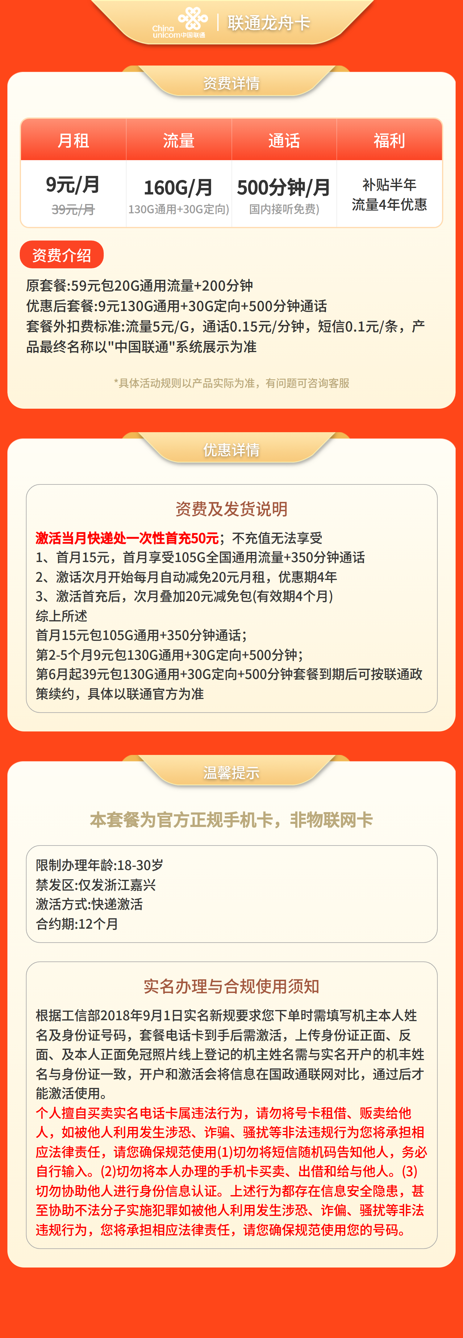 联通龙舟卡29元160G+500分钟【只发浙江嘉兴】【发省内】