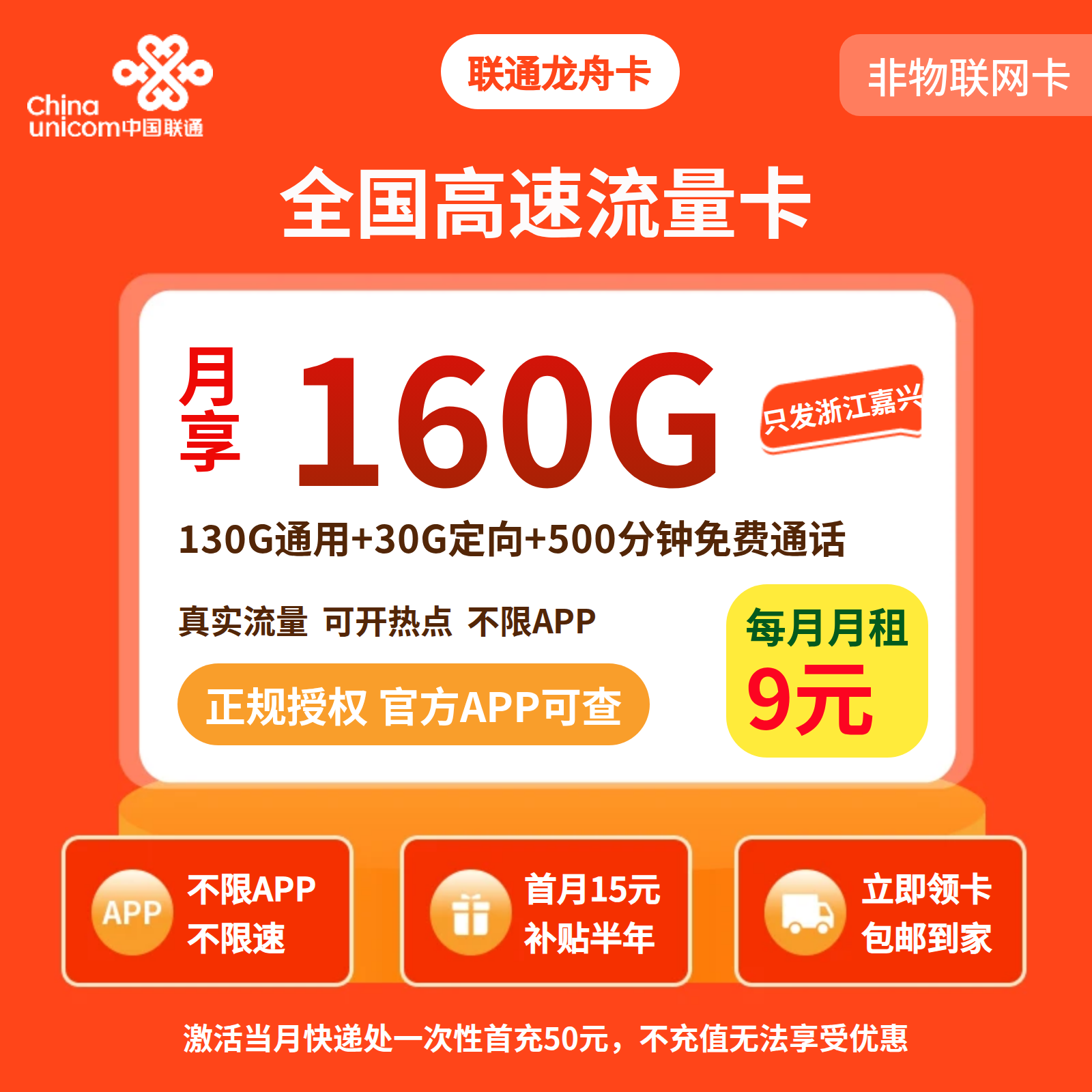 联通龙舟卡29元160G+500分钟【只发浙江嘉兴】【发省内】