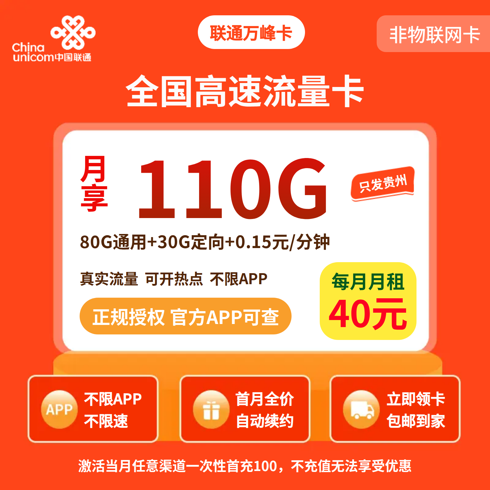 联通万峰卡40元110G+0.15元/分钟【只发贵州】