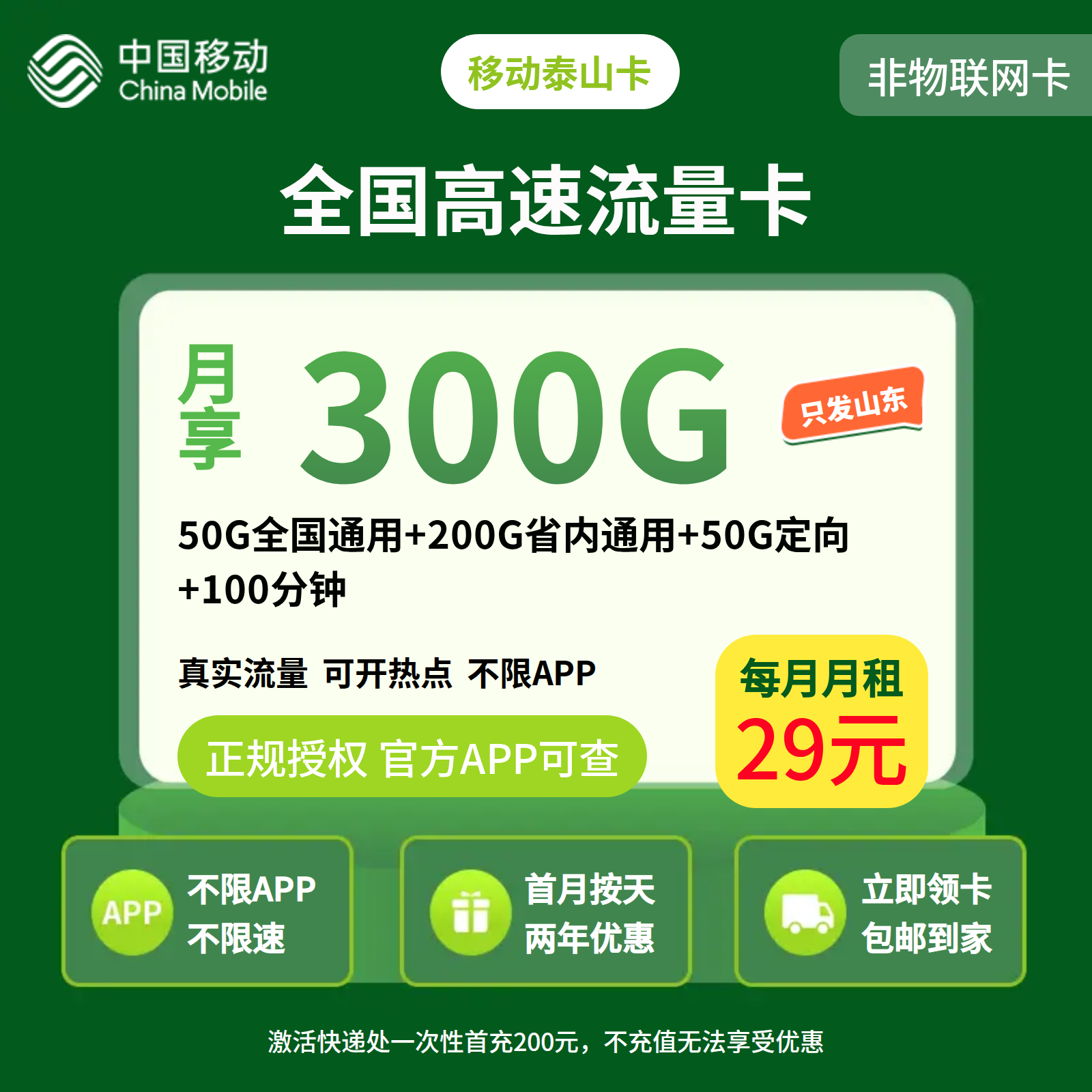 移动泰山卡29元300G+100分钟【只发山东济南】