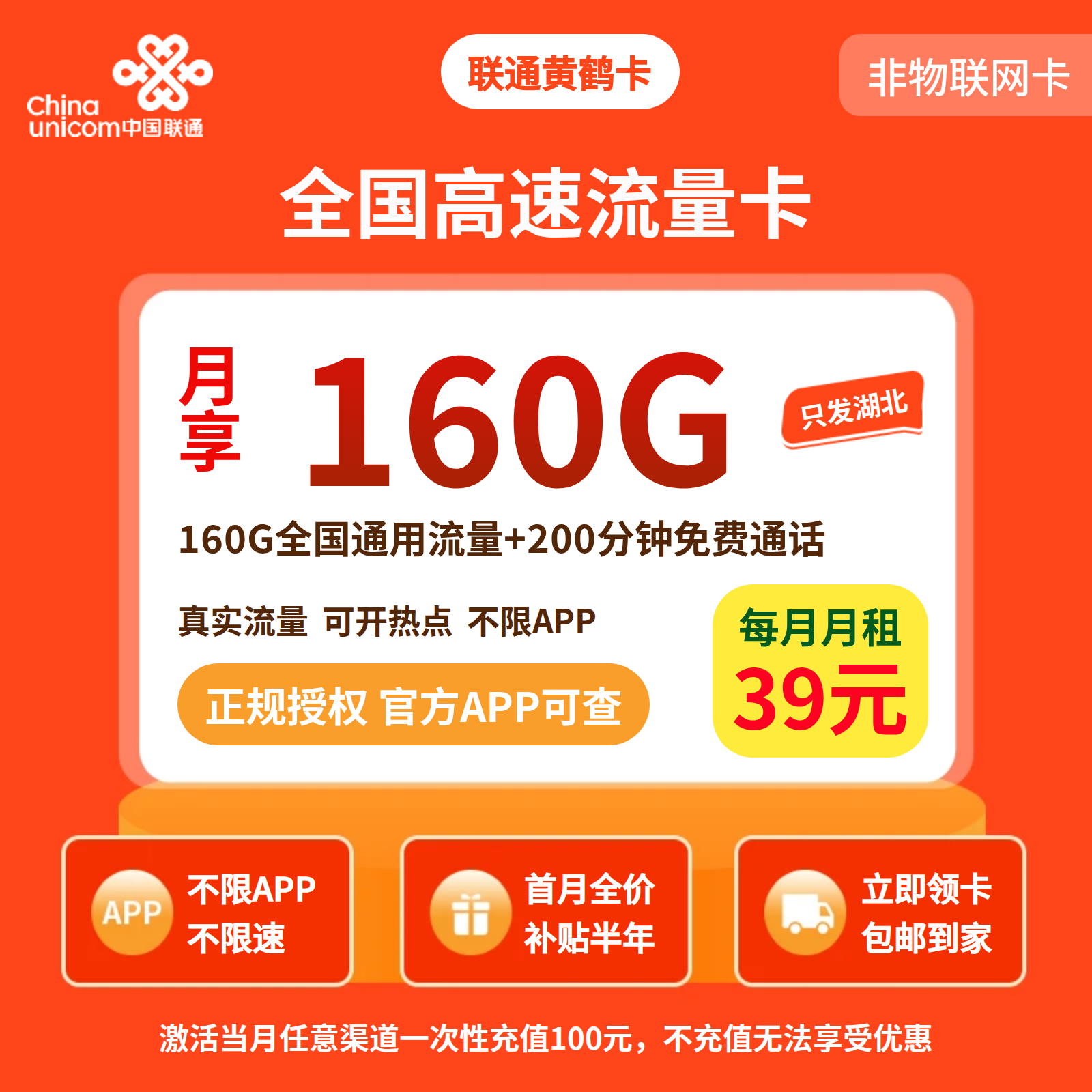 联通黄鹤卡39元160G+200分钟【仅发湖北】