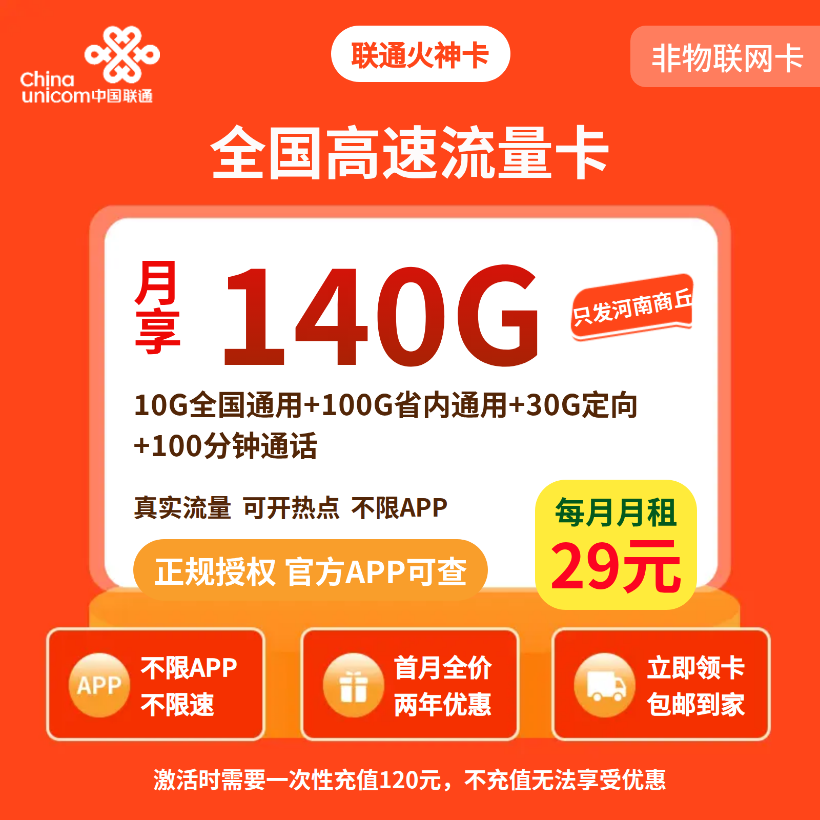 联通火神卡29元140G+100分钟 【发河南商丘】