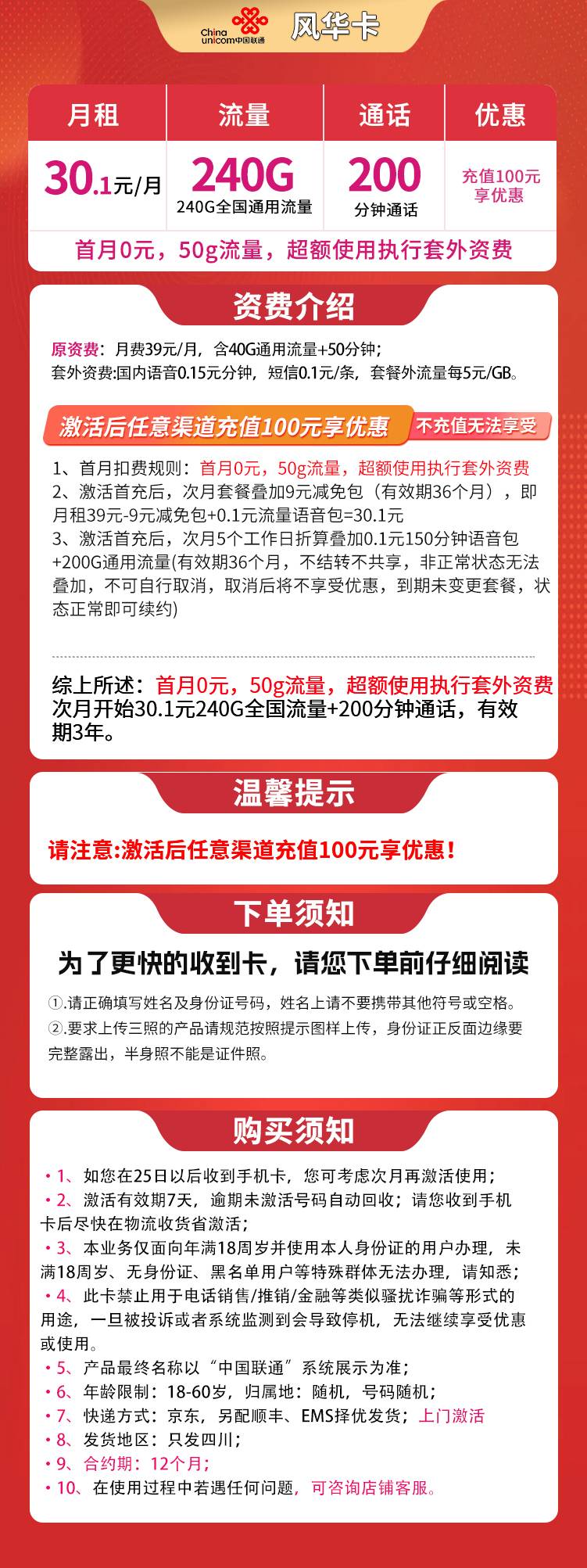 联通九寨卡30.1元240G+200分钟【仅发四川】