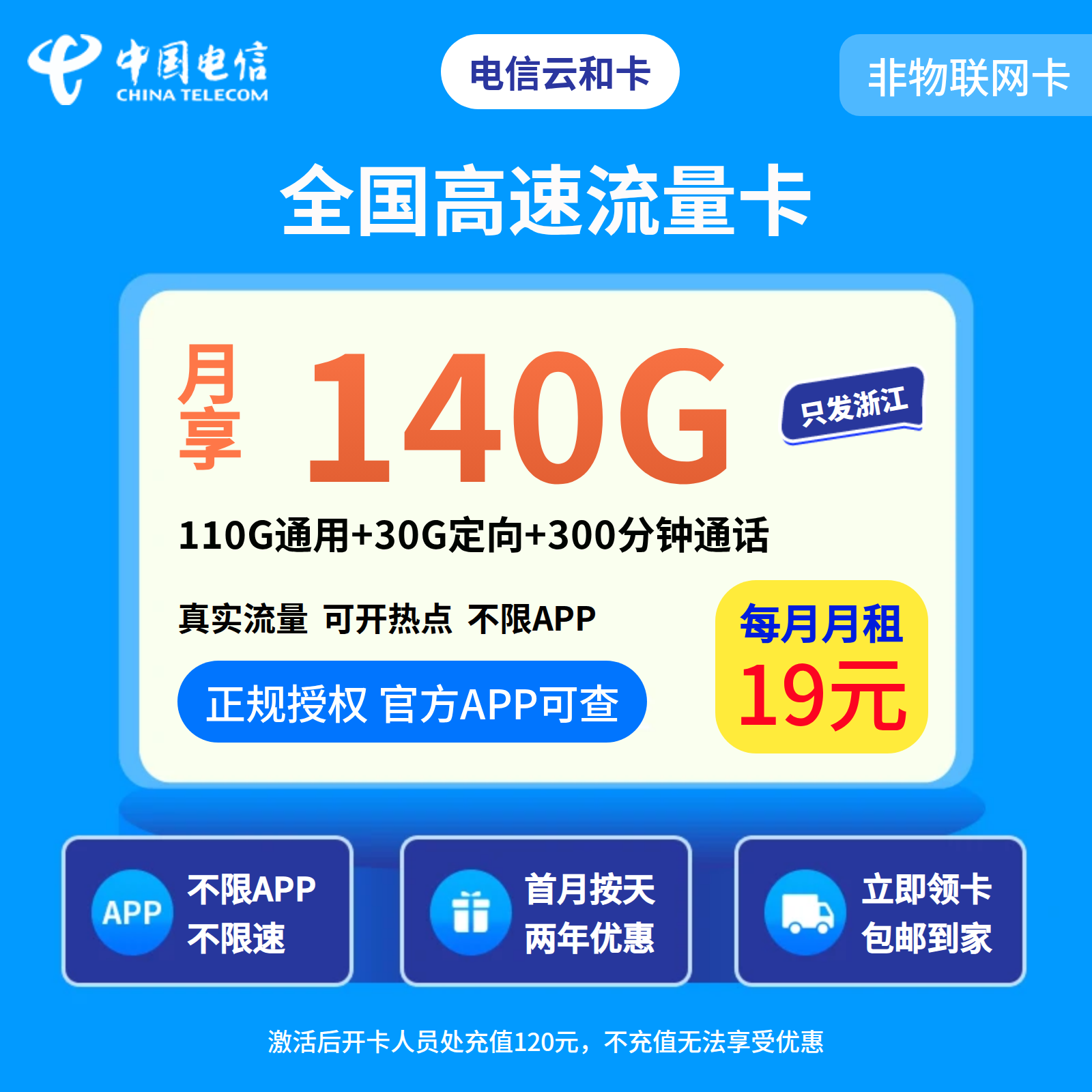 电信云和卡19元140G+300分钟【只发浙江】
