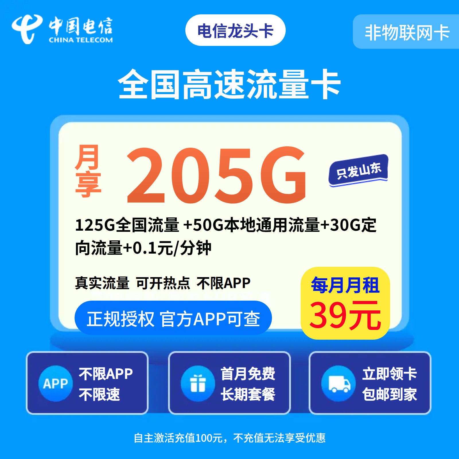 GY01电信龙头卡39元205G+0.1元/分钟【只发山东】