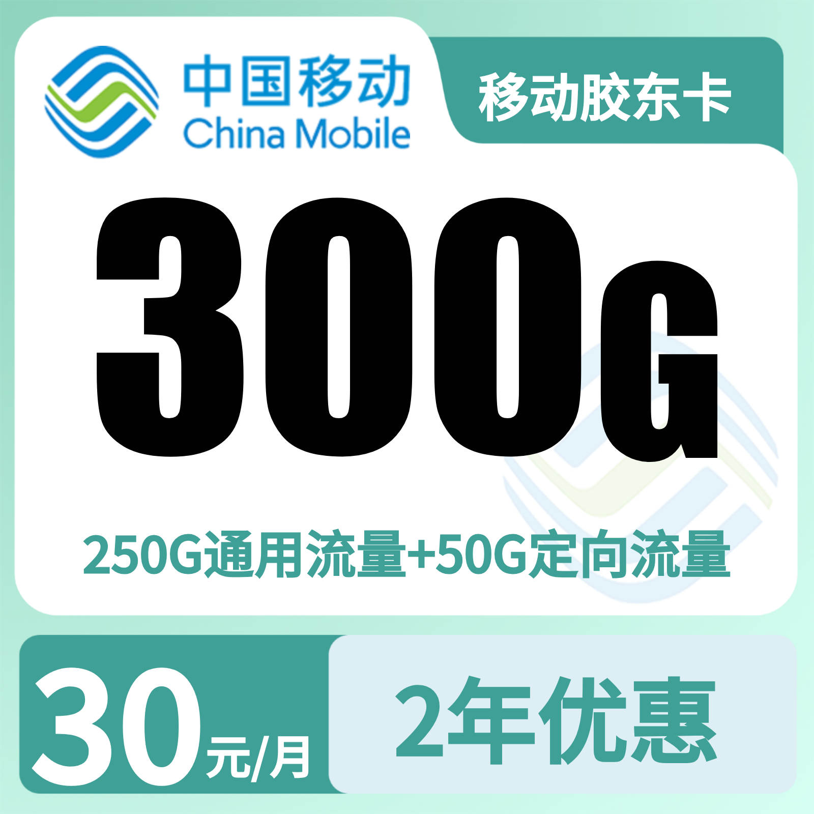 GY02移动胶东卡30元300G+100分钟【只发山东】