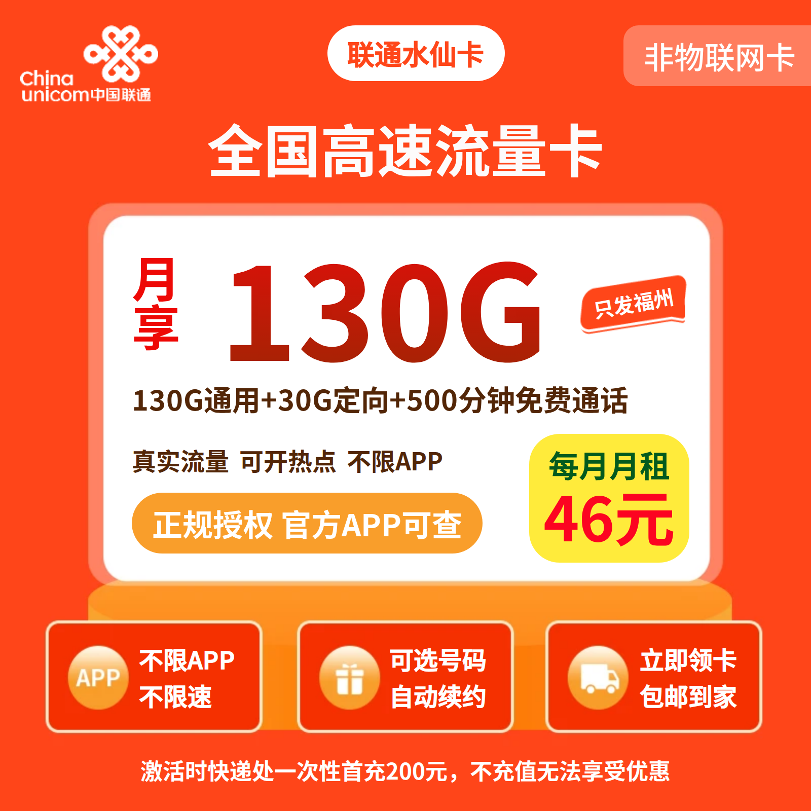 联通水仙卡46元130G+500分钟【发福建福州】