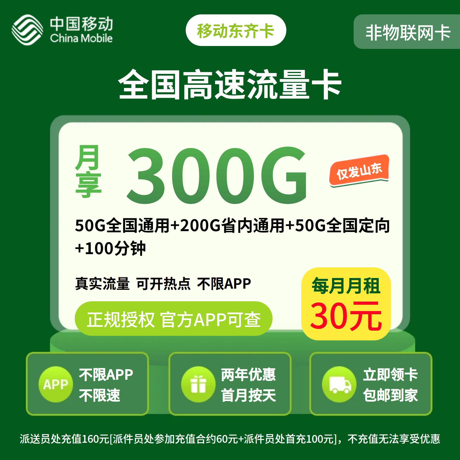 移动东齐卡30元300G+100分钟【只发山东】
