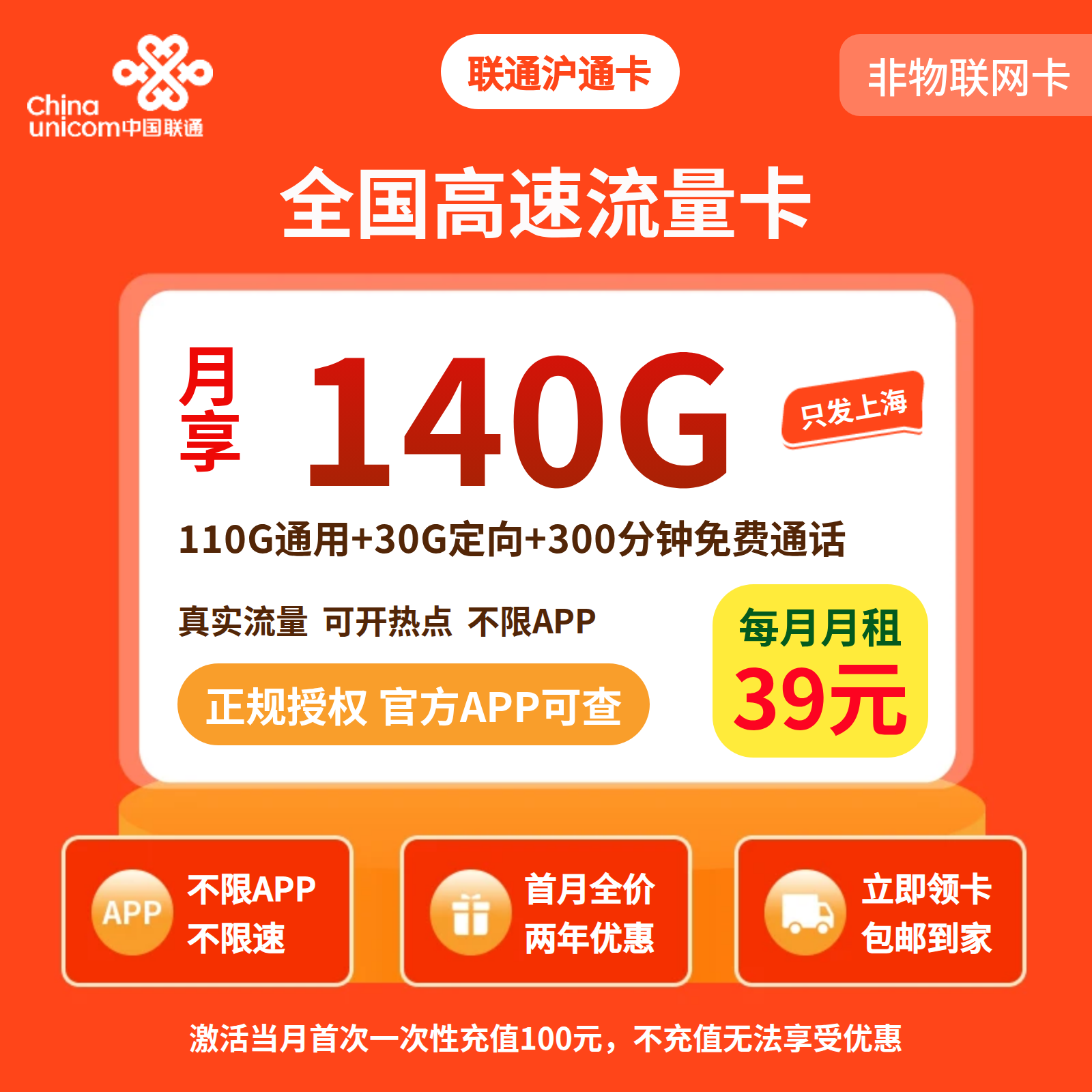 联通沪通卡39元140G+300分钟【只发上海】
