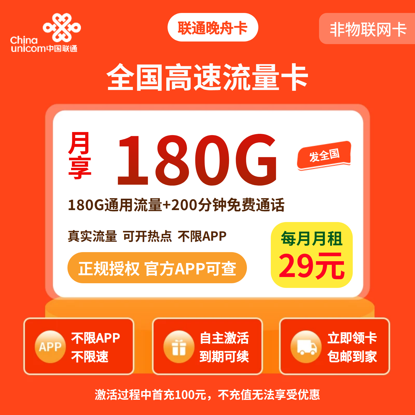 联通晚舟卡29元180G+200分钟【发全国】先激活后发货