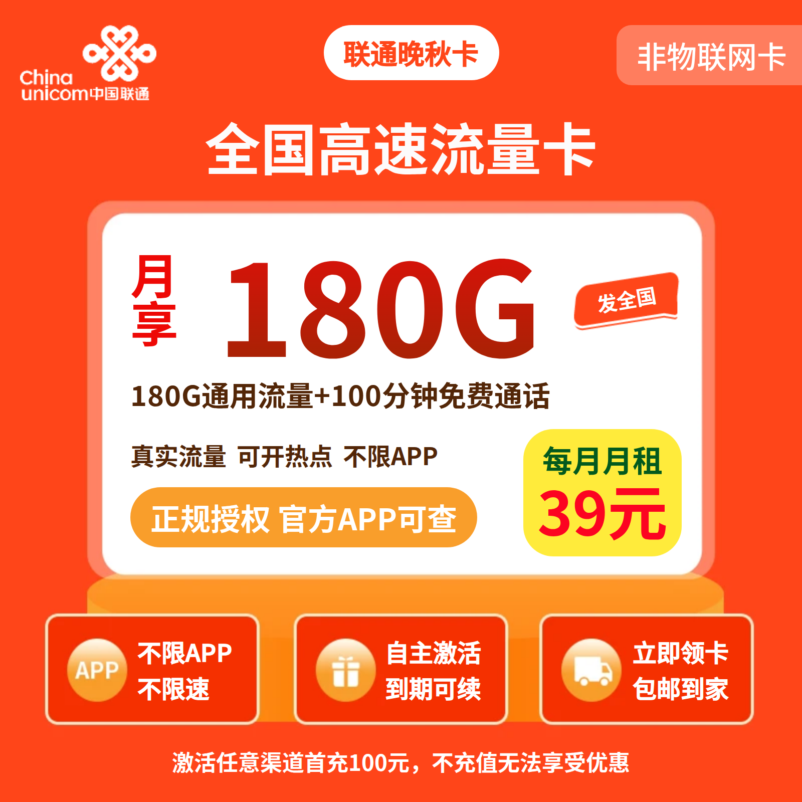 联通晚秋卡39元180G+100分钟【发全国】先激活充值后发货
