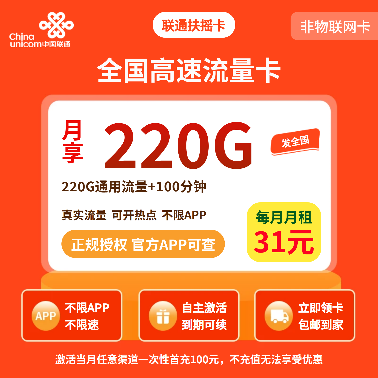 联通扶摇卡31元220G流量+100分钟【发全国】四证发货