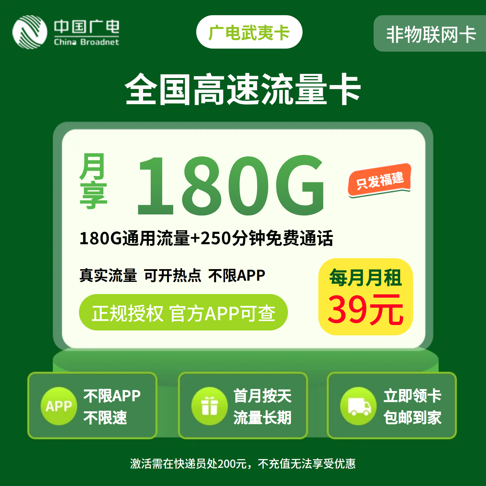 广电武夷卡39元180G+250分钟【只发福建】   
