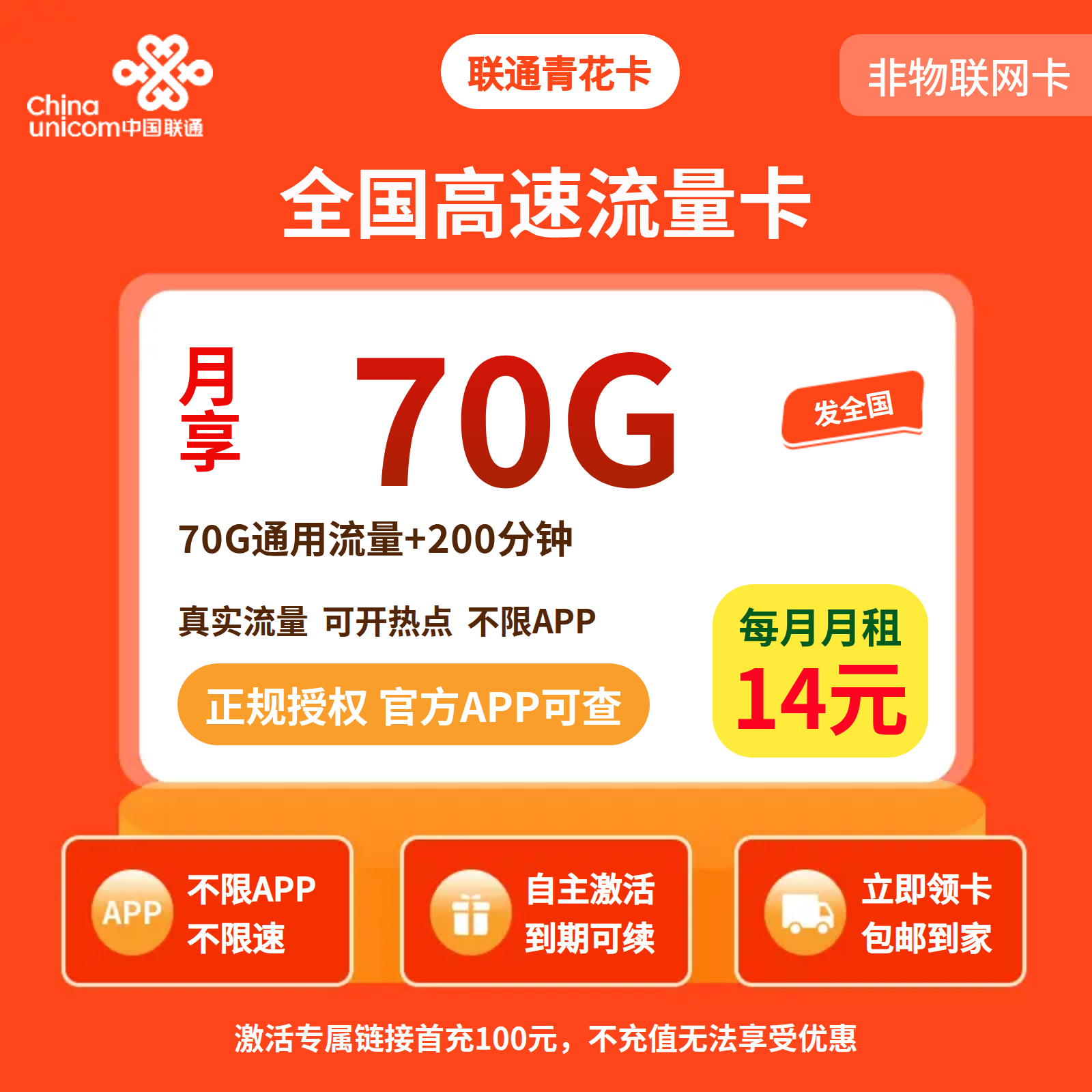 联通青花卡14元70G流量+200分钟【发全国】三证发货