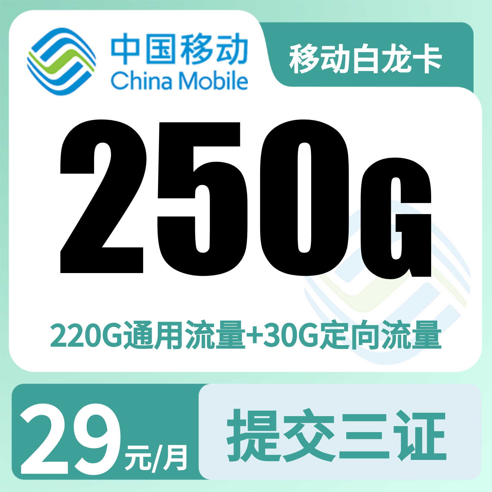 移动白龙卡29元250G+2000分钟【三照发全国】