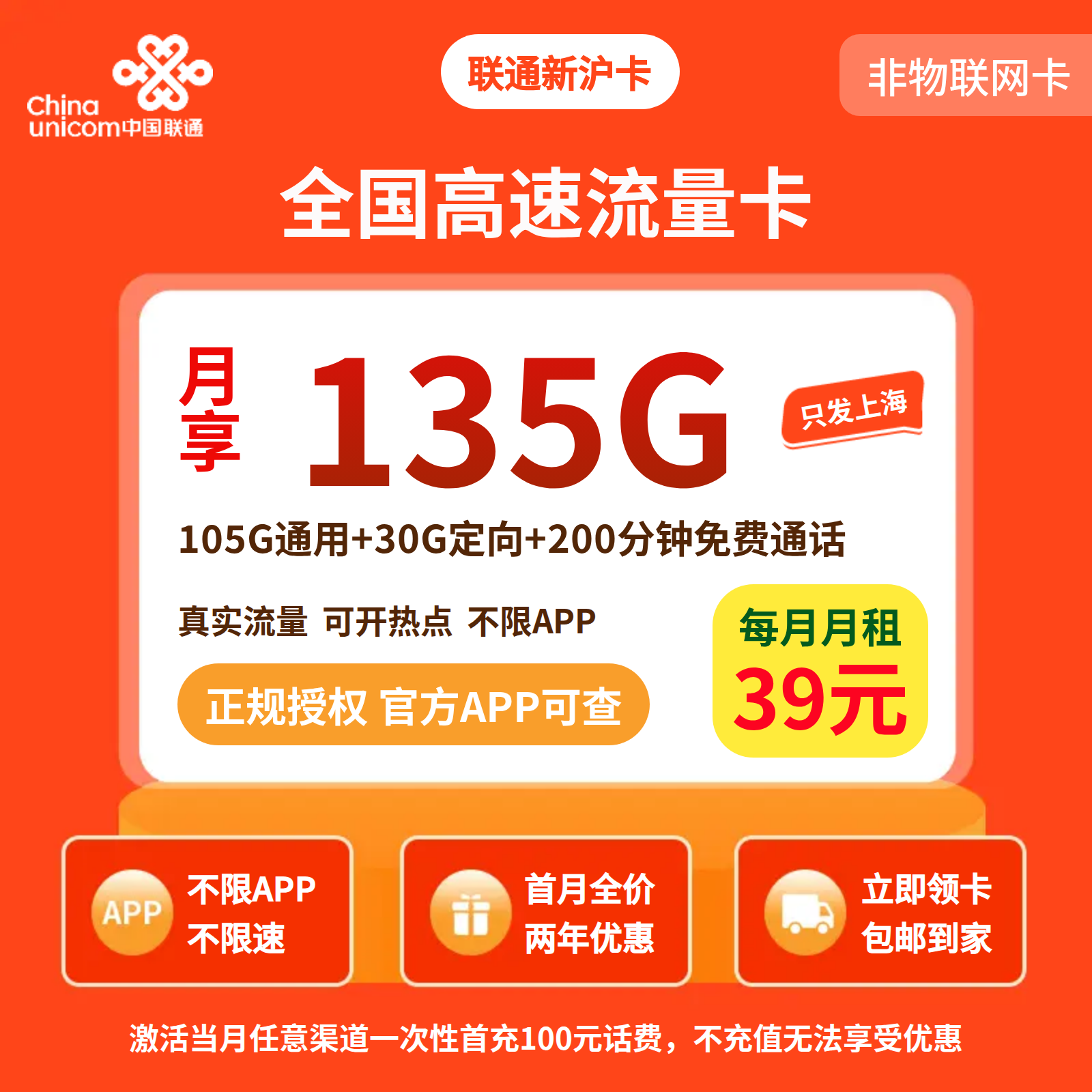 联通新沪卡39元135G+200分钟【只发上海】