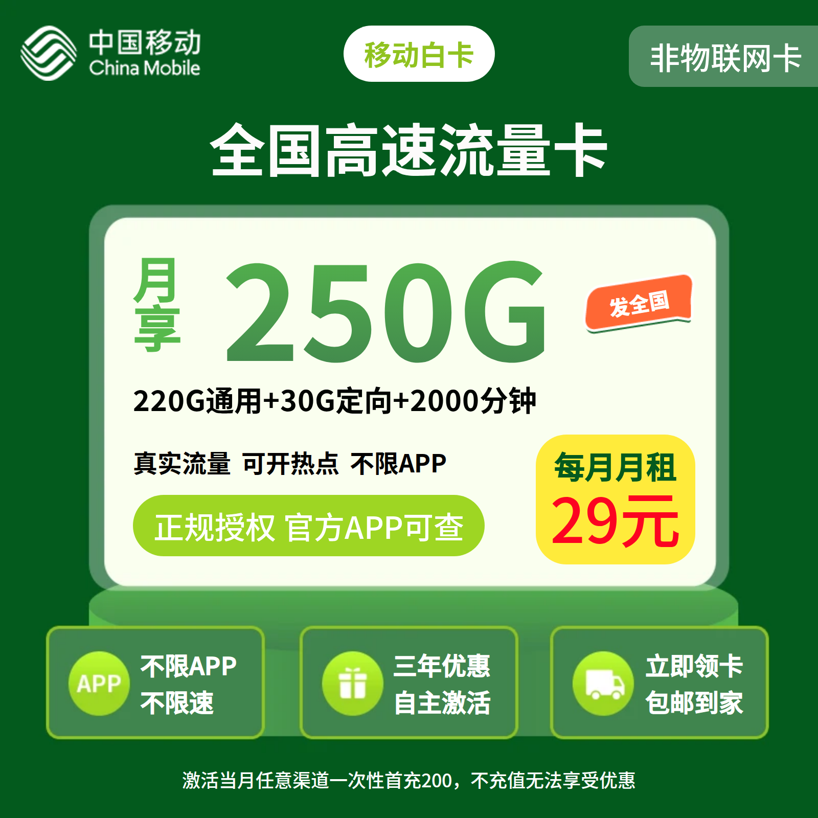 移动白卡29元250G+2000分钟【三照发全国】