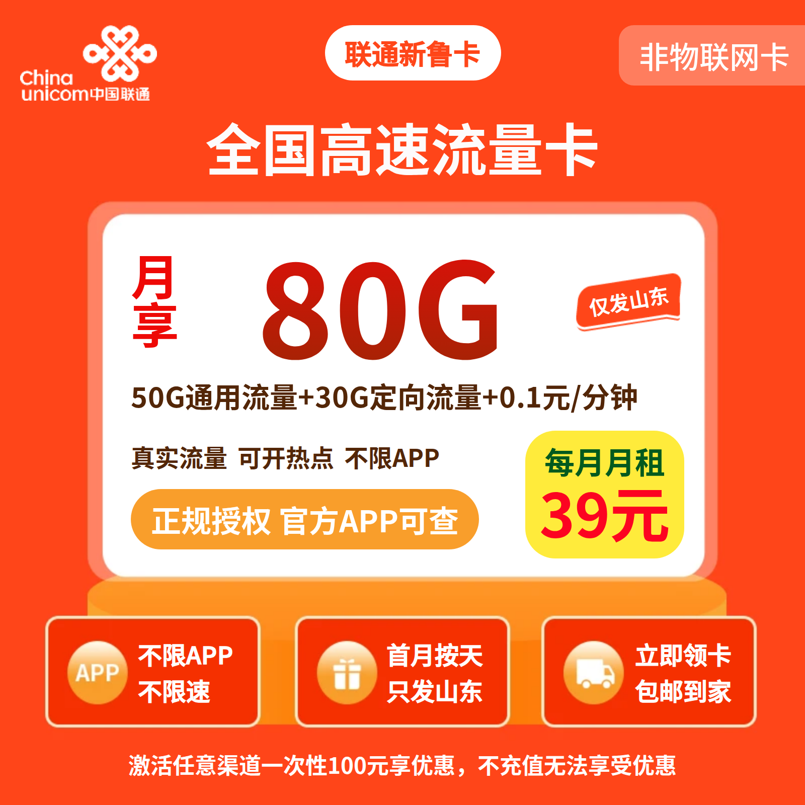 联通新鲁卡39元80G+0.1元/分钟【只发山东】