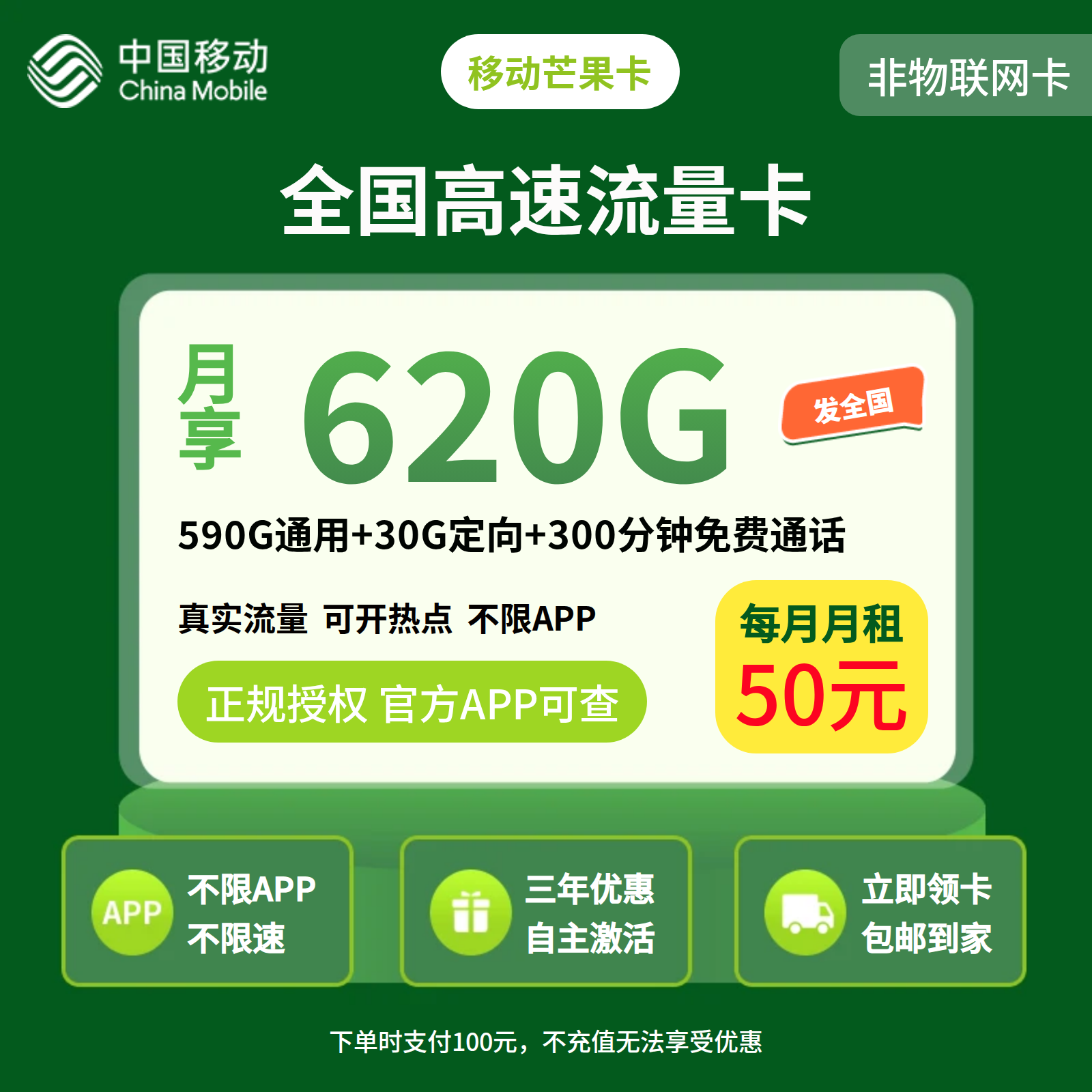 移动芒果卡50元620G+300分钟+会员权益N选3【发全国】